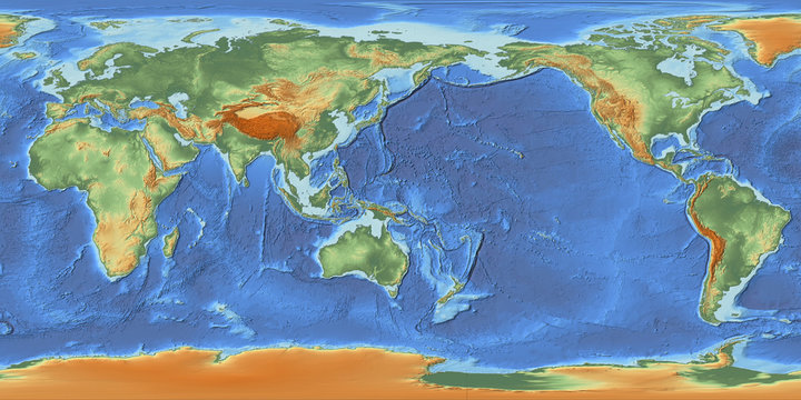 Weltkarte mit Relief - zentriert auf 150° Ost