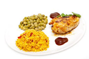 chicken with mexican style rice and  green peas, isolated