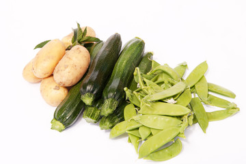 Freshly harvested potatoes, sugarsnaps & zucchini