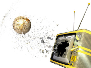 3d illustration of a globe smashing through tv screen