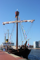 segelschiff, mittelalterliche kogge im hafen