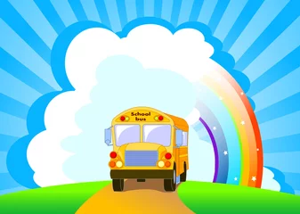 Rolgordijnen Regenboog Gele schoolbus achtergrond