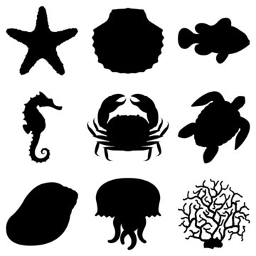 Sea animals silhouettes .