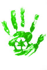 recycle sign on child hand printed