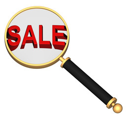 Magnifier with sale sign isolated on white.