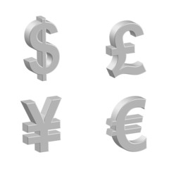 3D Currency Symbols (Money Dollar Yen Pound Euro Silver Icons)