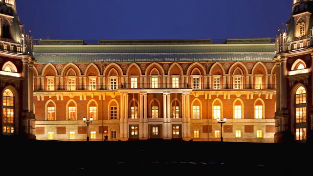 Tsaritsino museum and reserve in Moscow at night, zooming
