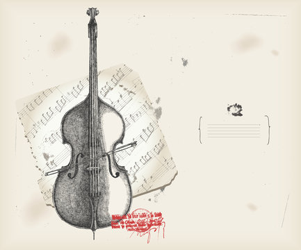 Double bass drawing- music instrument with score- background