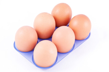 six eggs in container isolated on white