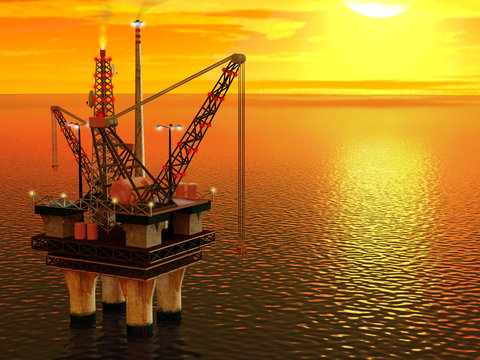 Piattaforma petrolifera al tramonto