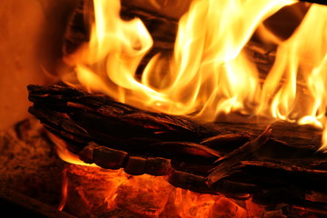 Closeup of a slow combustion wood fire.