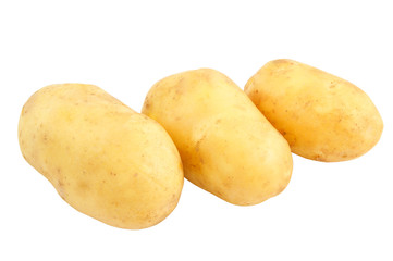 Three raw potatoes isolated on white background