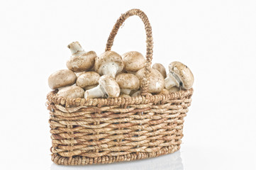 Raw mushrooms in a basket on white