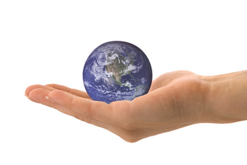 globe on woman hand Blue
