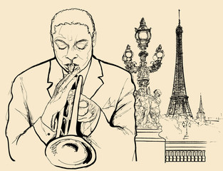 jazz trumpeter on Alexander bridge in Paris (ink pen drawing)