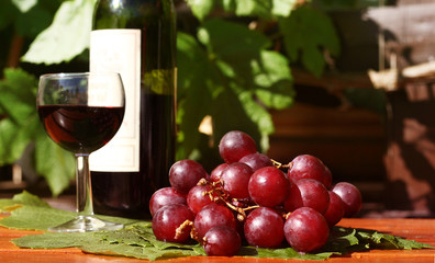 wine glass, grapes and bottle in the garden