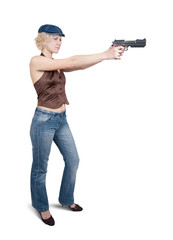 girl  aiming a black gun