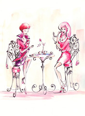 Women drinking coffee in coffeehouse