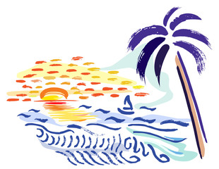 Fototapeta na wymiar Palm, tropical sunset and sea (free style)