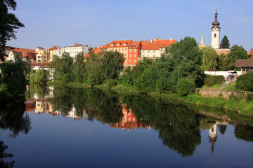 Fototapeta na wymiar The medieval town Pisek above the river Otava in Czech Republic