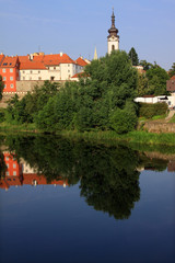 The colorful medieval town Pisek in Czech above the river Otava