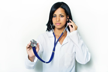 young caring doctor nurse holding stethoscope ready to exam