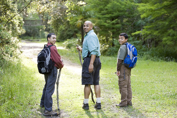 Rear view father and sons hiking in woods on trail