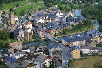 Aerial view of Broto village in Aragon Pyrenees