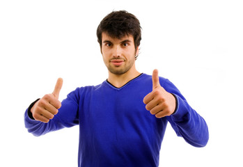 young casual men tumbs up on white background