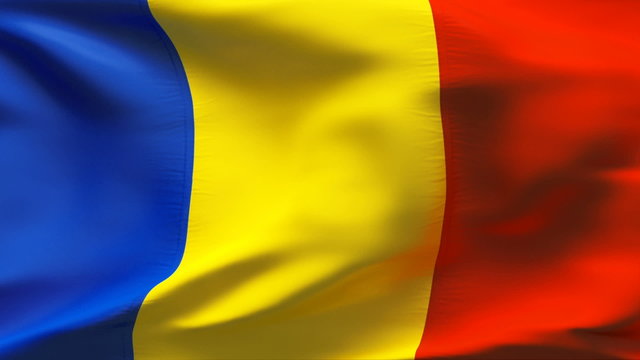 Creased ROMANIA satin flag in wind with seams and wrinkle
