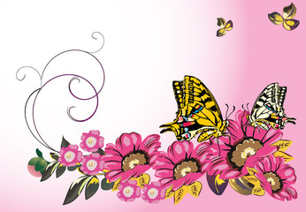 Fototapeta na wymiar yellow butterflies and pink flowers