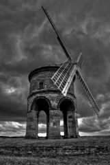 Chesterton Windmill, dark grey stormy weather and dark clouds