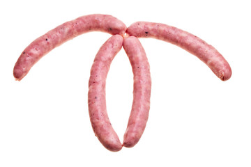 Tasty garlic sausage pieces isolated over white background.