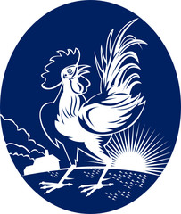 Cock Rooster cockerel crowing with sunburst and house