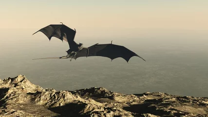 Fotobehang Draken Draak vliegt over een bergklif