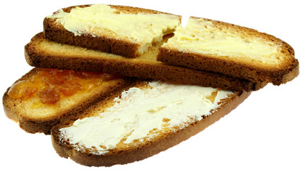 tartines de pain grillé, beurre et confiture, fond blanc