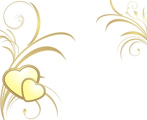 Two golden hearts with decorative sprigs. Vector