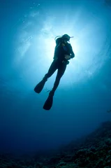 Fotobehang Scuba Diver afgetekend tegen de zon © JonMilnes