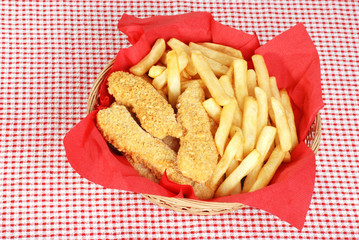 top view chicken fingers and french fries