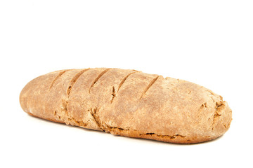 long loaf of hot whole rye kosher bread isolated on white