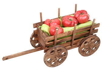 wooden decorative cart filled with vegetables with clipping path