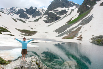 Naklejka premium Hiker in Caucasus mountains
