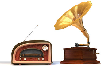 old things. 3D render of a retro styled radio and gramophone