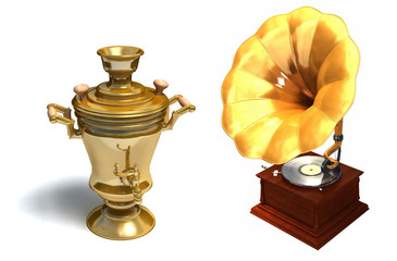 old things. 3D render of a retro styled  samovar and gramophone
