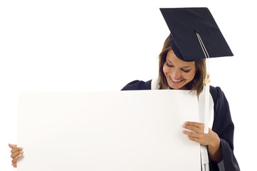Graduate looking at the banner isolated over a white background