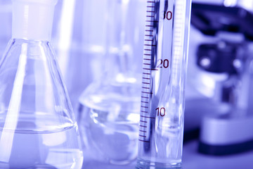 laboratory glassware in blue