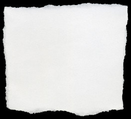 White torn square of paper isolated on a black background.