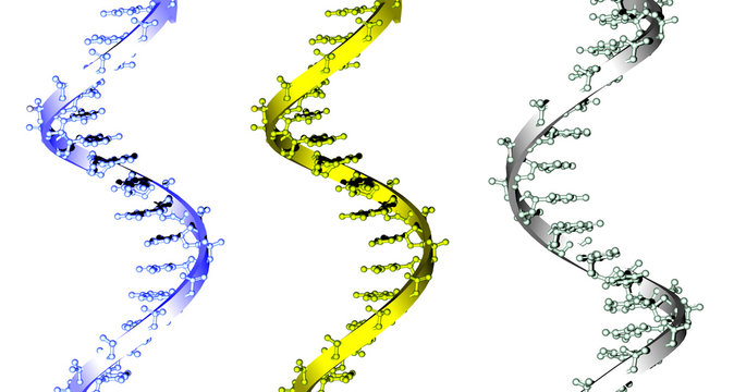 blue, yellow and green DNA spirals