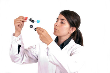 woman scientist with organic molecule