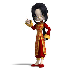 sweet cute cartoon chinagirl with glasses and red clothes. 3D re